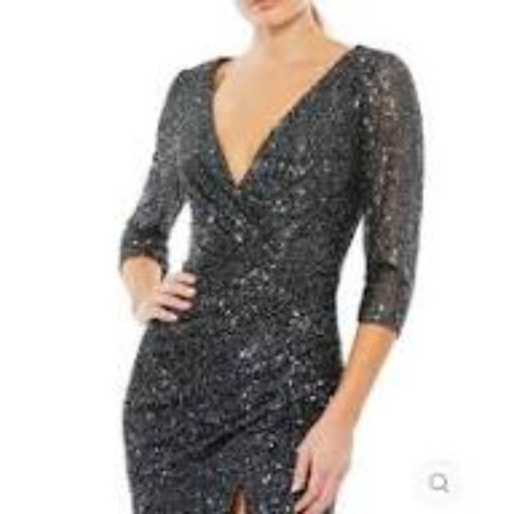 IEENA Mac Duggal black sequin v neckline faux wrap cocktail gown dress size 10 - Picture 2 of 7